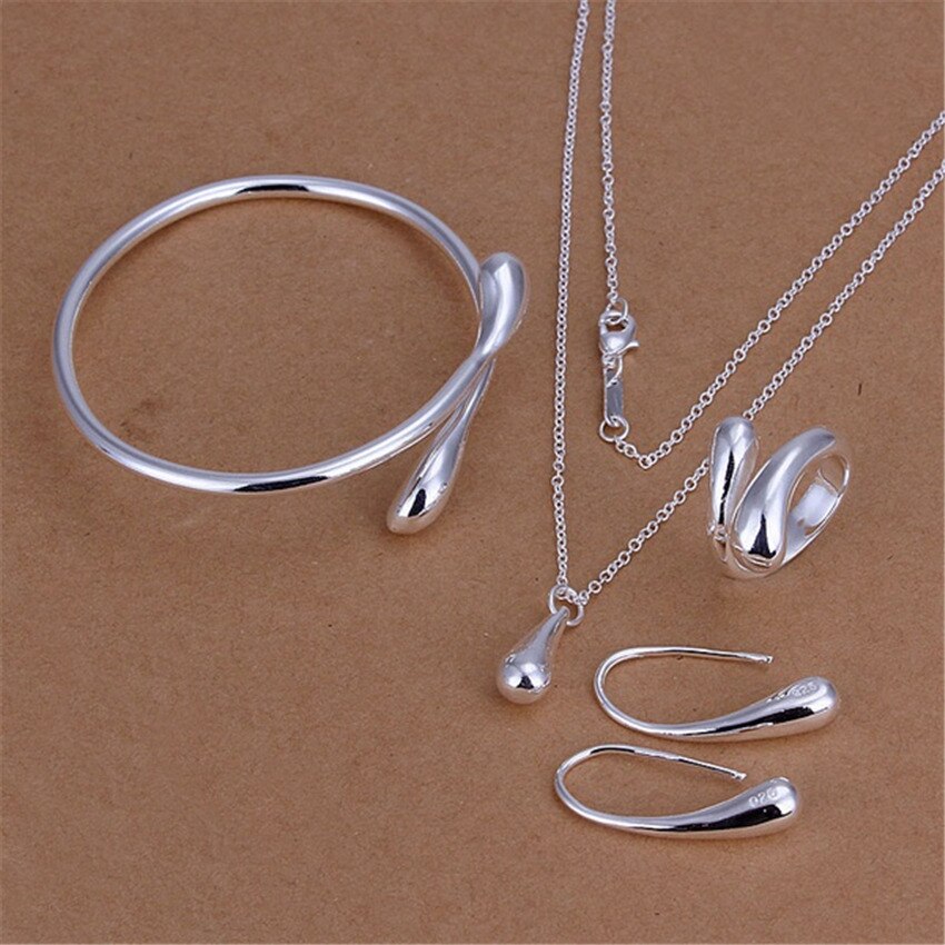 Pretty 925 Sterling Silver Water drop Pendant bangle Bracelet necklace earring ring for women Party Gift Jewelry set