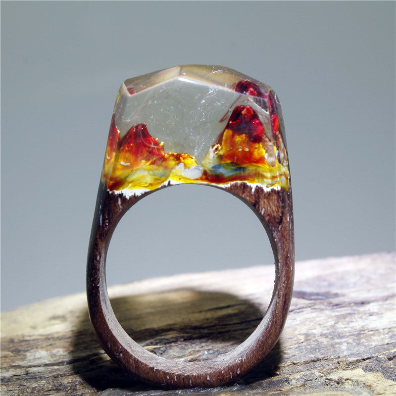 Hot Resin Magic Wooden Rings For Women Dream snow mountain strange scenery Ring Natural Landscape Wood Rectangle Jewelry Gifts