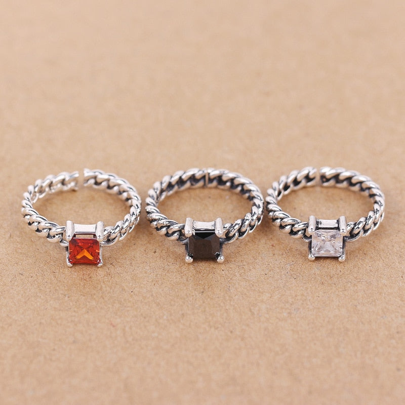 Hot Sale 100% Real 925 Sterling Silver Rings for Women Thai Silver with Black CZ Adjustable Ring Fine Jewelry