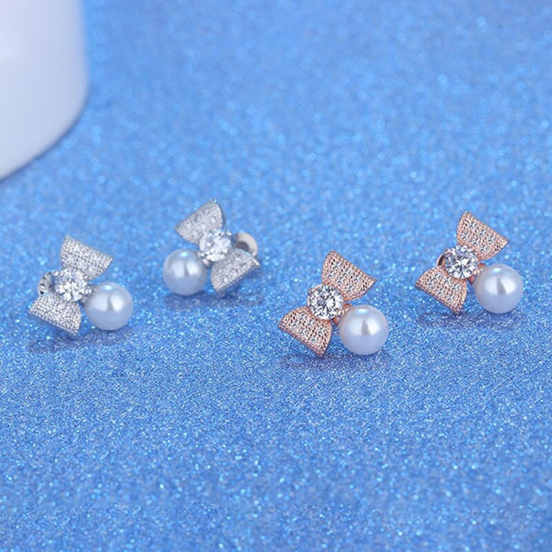 925 Stamp Silver Color Bow Zircon Earrings Pearl Charms Stud Earrings For Women Girls Jewelry