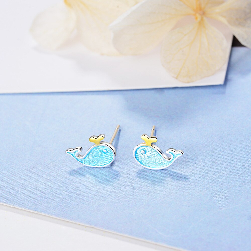925 Stamp Silver Color Dancing Whale Earrings Blue Charms Stud Earrings For Women Girls Jewelry