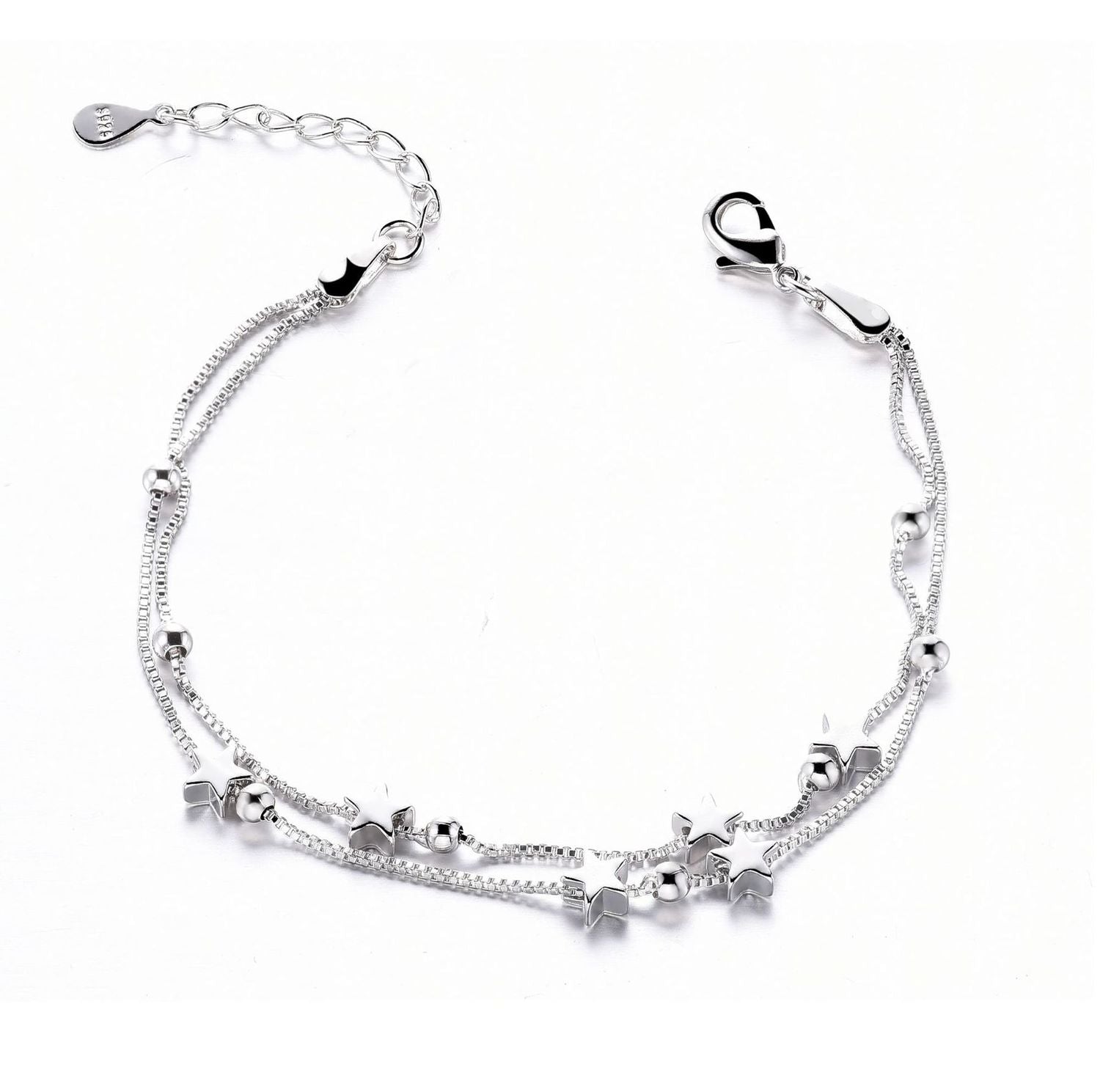 925 Stamp Silver Color Lucky Bracelets Cuff Chain Bangle Double Layer Star Women Girls Jewelry Christmas