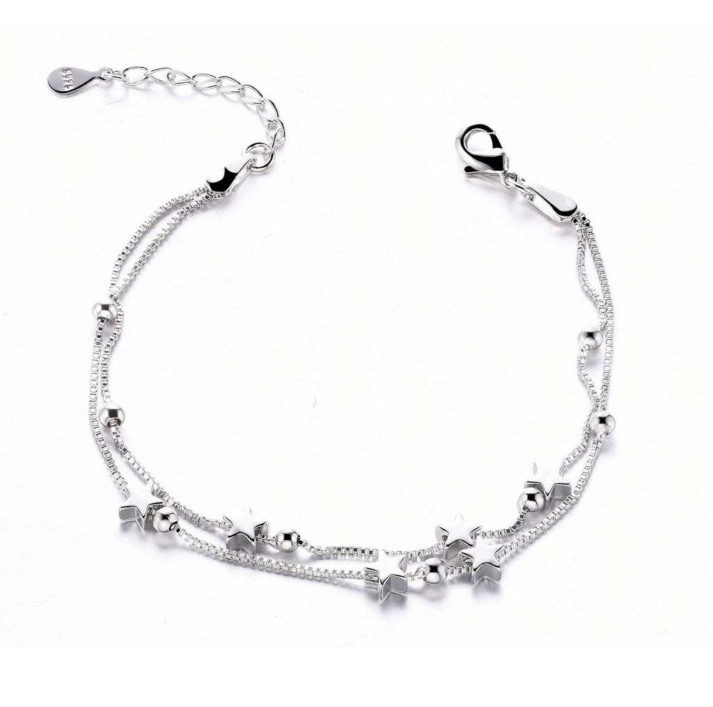 925 Stamp Silver Color Lucky Bracelets Cuff Chain Bangle Double Layer Star Women Girls Jewelry Christmas
