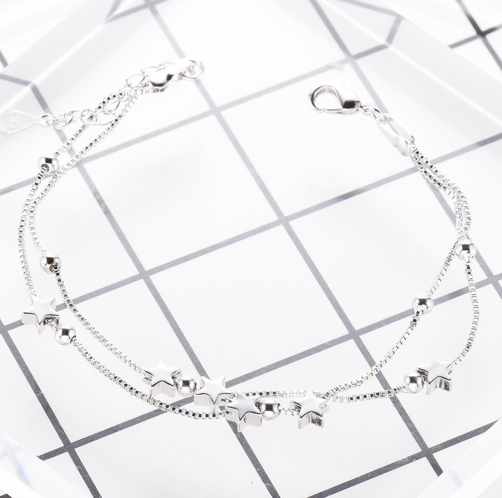 925 Stamp Silver Color Lucky Bracelets Cuff Chain Bangle Double Layer Star Women Girls Jewelry Christmas