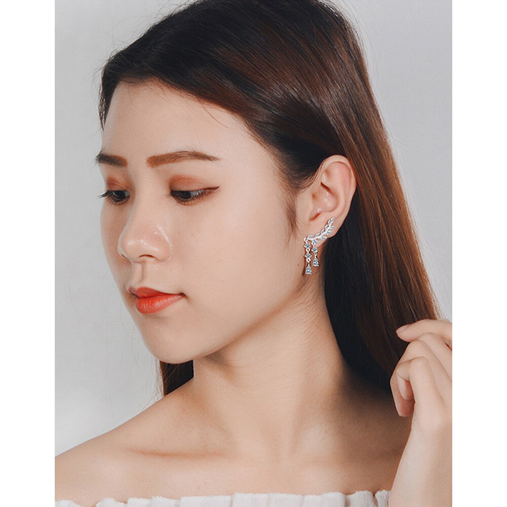 925 Stamp Silver Color Wings Tassel Long Earrings Zircon Charms Stud Earrings For Women Girls Jewelry