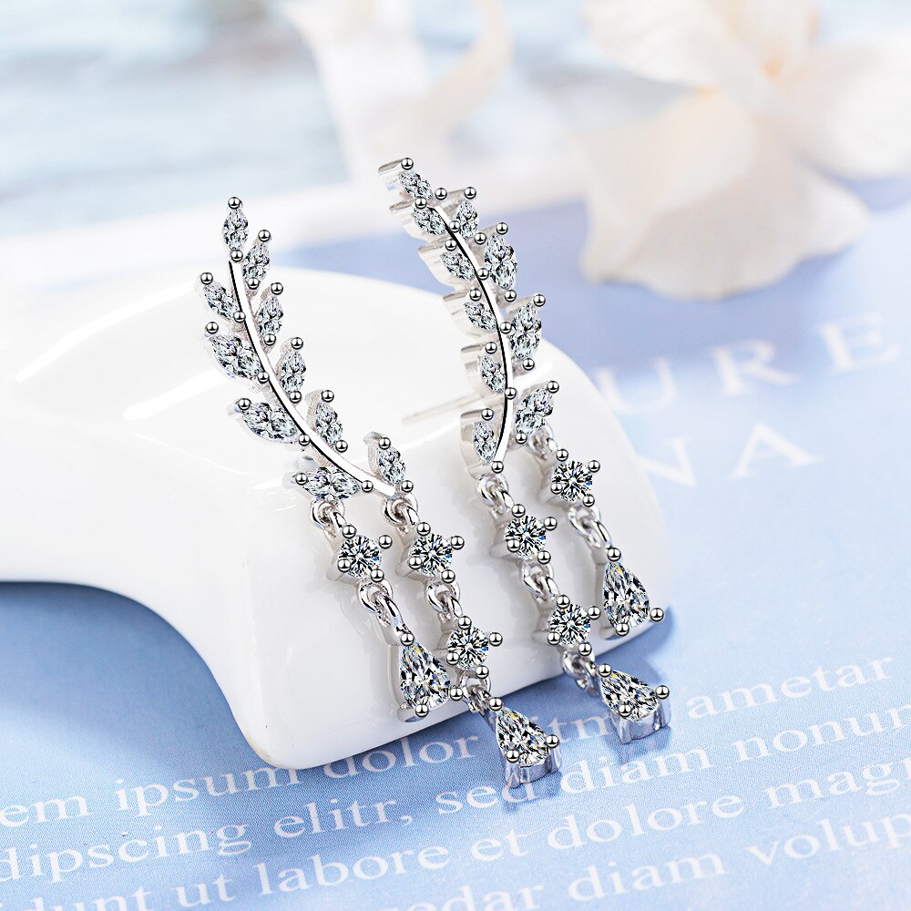 925 Stamp Silver Color Wings Tassel Long Earrings Zircon Charms Stud Earrings For Women Girls Jewelry