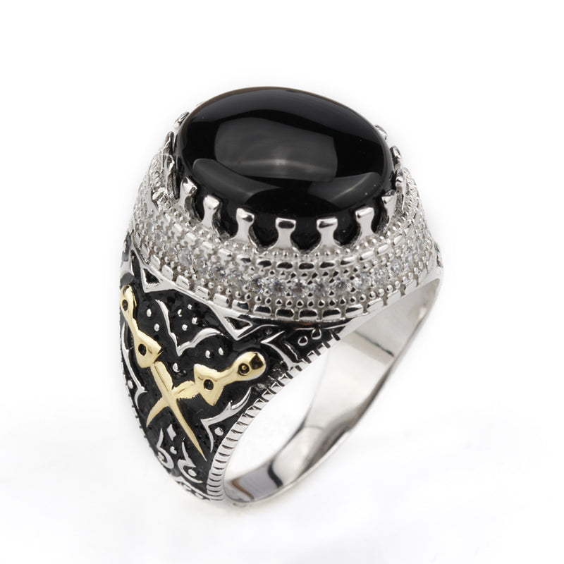 Hot Sale 925 Sterling Silver Men Ring Black Big Agate Stone with Double Sword Clear CZ Men Finger Ring 2020 New