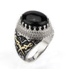 Hot Sale 925 Sterling Silver Men Ring Black Big Agate Stone with Double Sword Clear CZ Men Finger Ring 2020 New