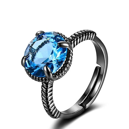 Hot Sale Black Gun Plated Natural Aquamarine rings 10X10MM Round Gemstone Vintage 925 Silver Ring Elegant New Fashion Jewelry