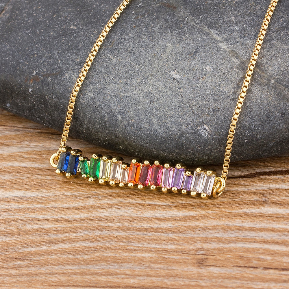 Copper Zircon Rainbow Necklace Colorful Rhinestone Pendant Chain Necklace Charm Christmas Birthday Party Jewelry Gift