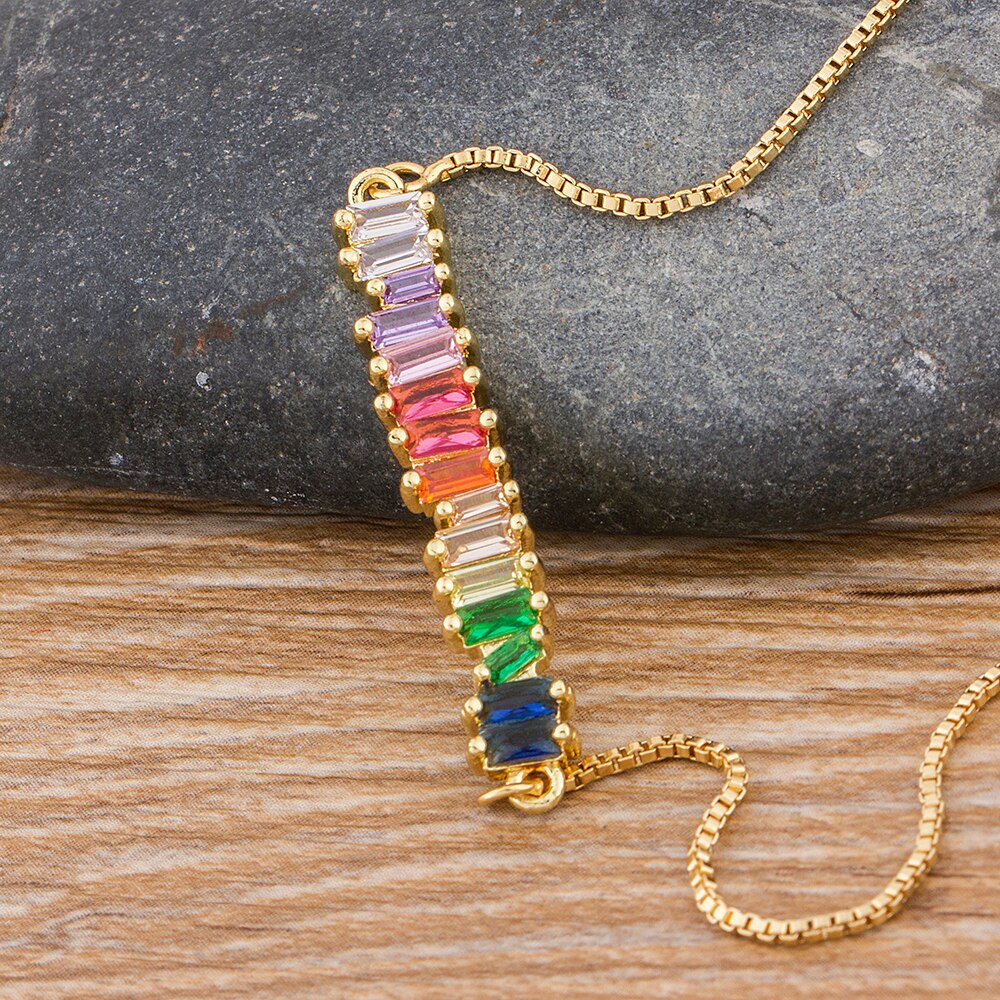 Copper Zircon Rainbow Necklace Colorful Rhinestone Pendant Chain Necklace Charm Christmas Birthday Party Jewelry Gift