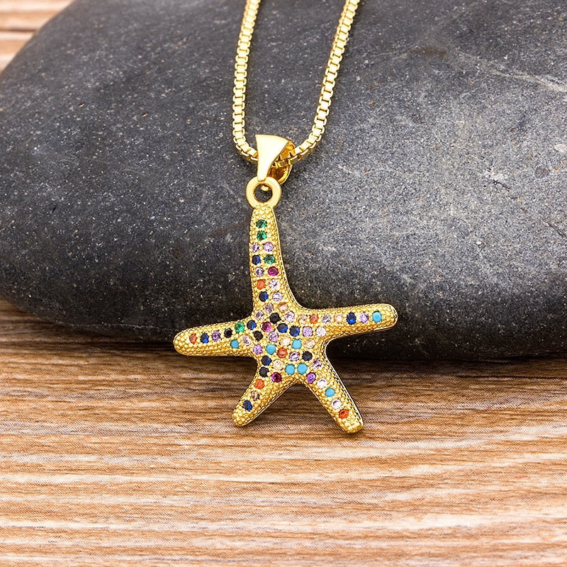 Full Cubic Zirconia Starfish Pendant Necklace Long Chain For Women Gold Rainbow Color Jewelry Party Gift