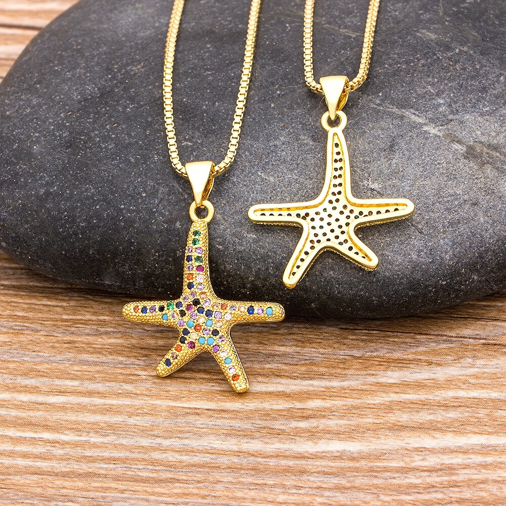 Full Cubic Zirconia Starfish Pendant Necklace Long Chain For Women Gold Rainbow Color Jewelry Party Gift