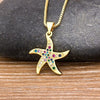 Full Cubic Zirconia Starfish Pendant Necklace Long Chain For Women Gold Rainbow Color Jewelry Party Gift