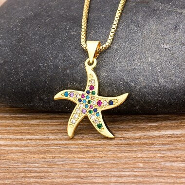 Full Cubic Zirconia Starfish Pendant Necklace Long Chain For Women Gold Rainbow Color Jewelry Party Gift