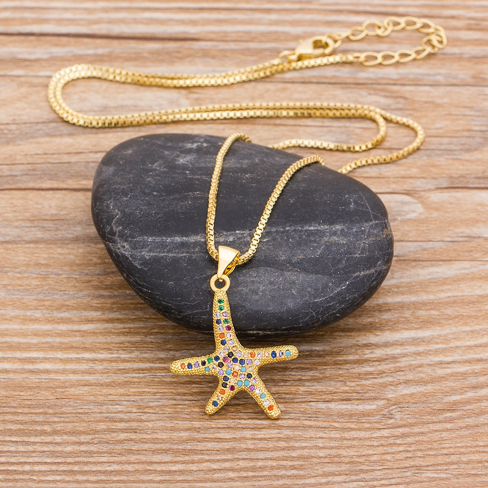 Full Cubic Zirconia Starfish Pendant Necklace Long Chain For Women Gold Rainbow Color Jewelry Party Gift
