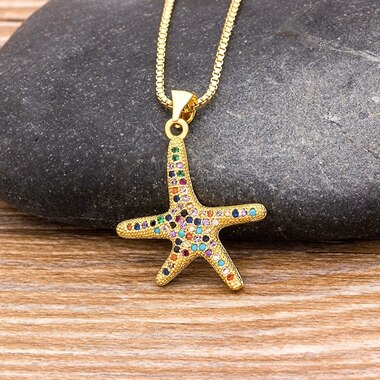 Full Cubic Zirconia Starfish Pendant Necklace Long Chain For Women Gold Rainbow Color Jewelry Party Gift