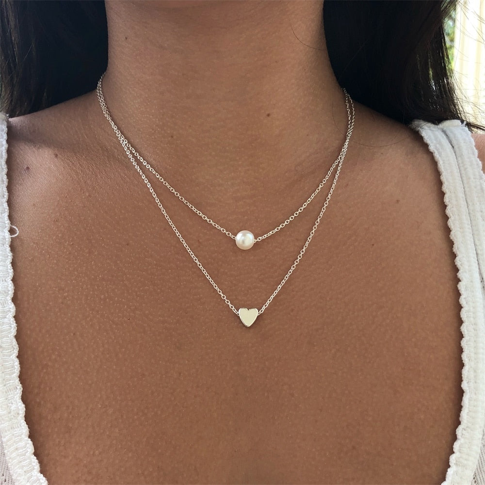 Sweet Double Layers Imitation Pearls Heart-shaped Droplets Pendants Necklaces Clavicle Jewelry For Women