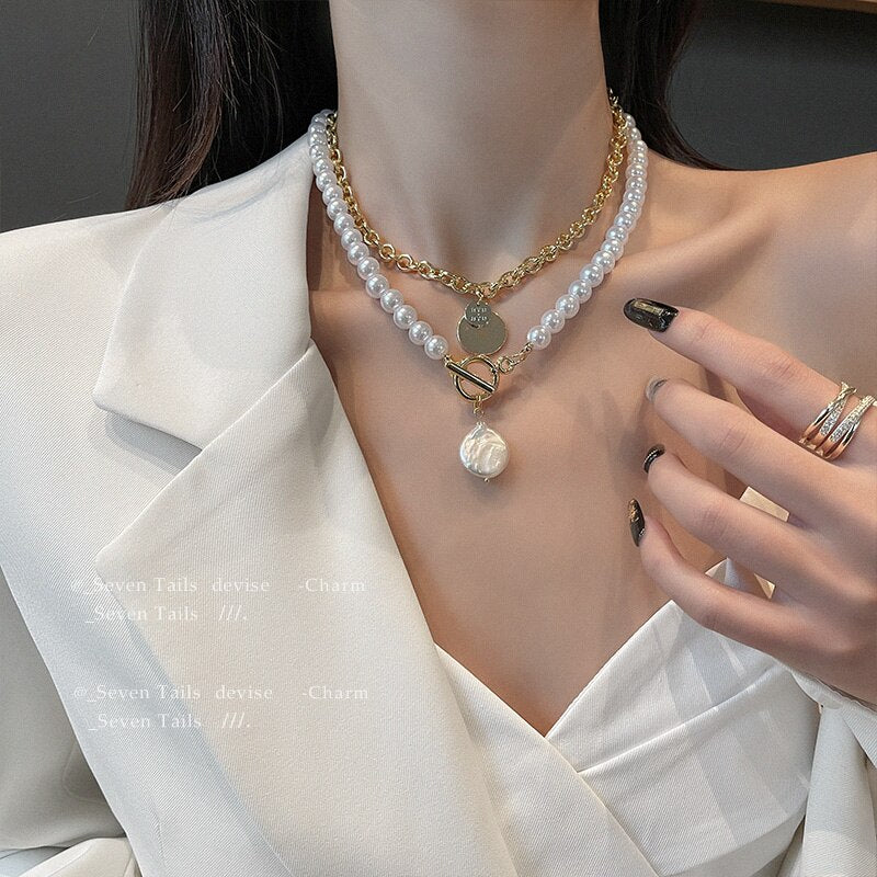 French Romantic Vintage Pearl Style Necklace For Women Punk Portrait Coin Clavicle Chain Gothic Bohemian Bijoux Femme