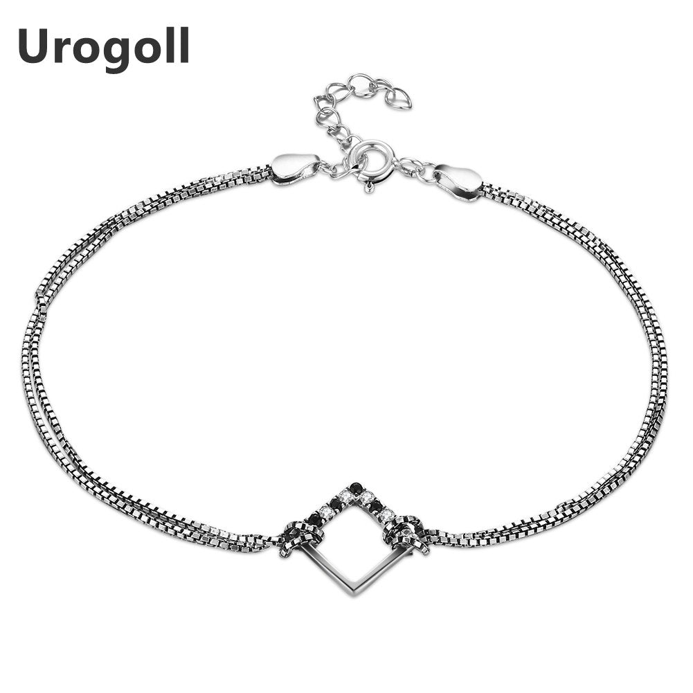 Hot Sale Genuine 925 Sterling Silver Retro Style Square Zircon Chain Bracelet & Bangles Women's Party Jewelry Gifts