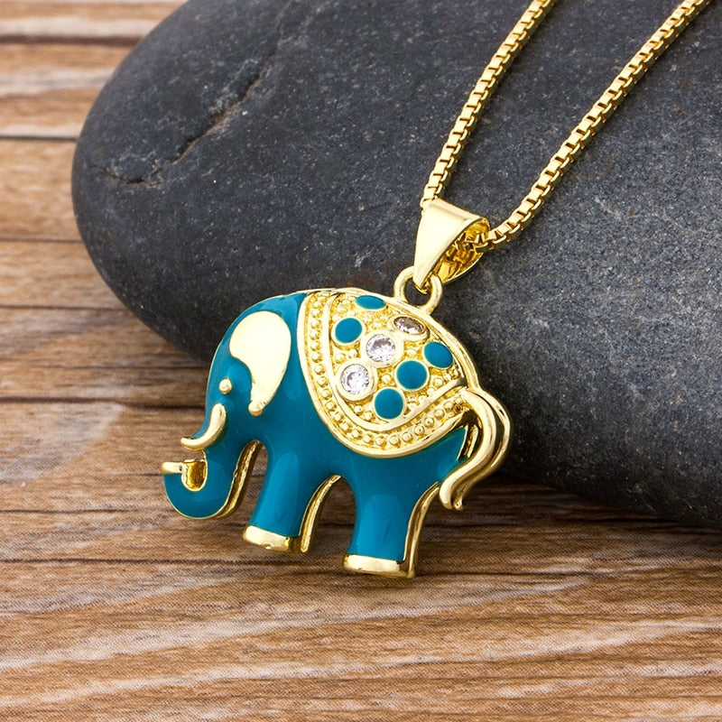 National Style Classic Blue Elephant Pendant  Copper Zircon Necklace Female Charm Party Birthday Jewelry