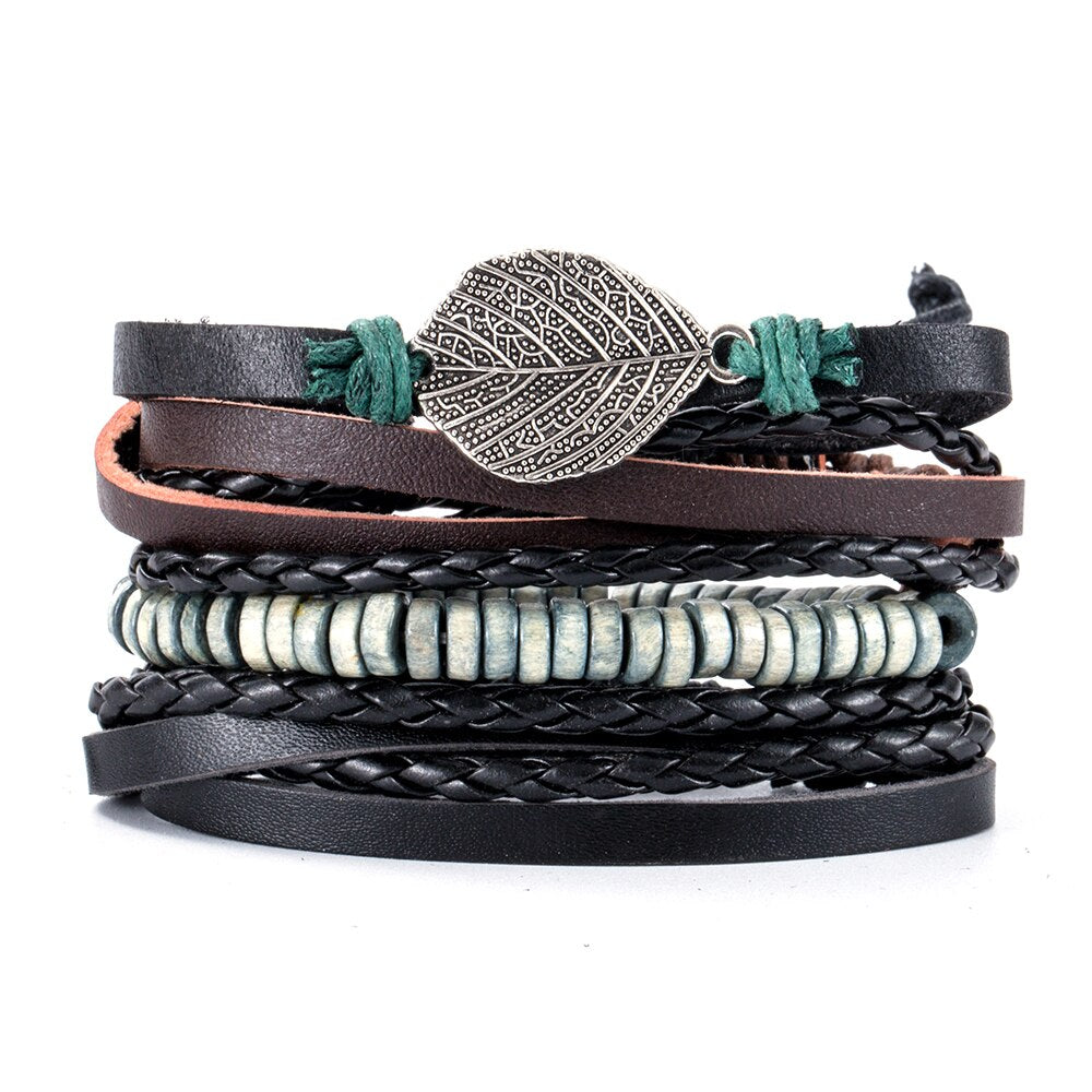 Retro Multi-layer Leather Bracelets For Man Wooden Beads Bracelet Handmade Owl Anchor Infinty Charm Bracelet Wrap Jewel