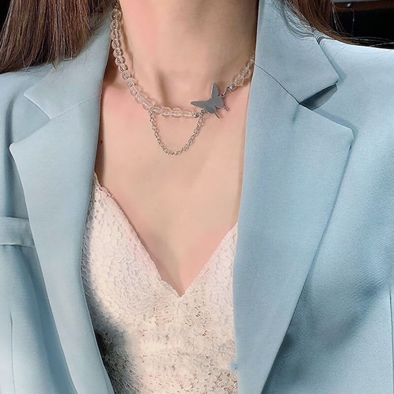 Simulated Pearl Choker Vintage French Romantic Style Clavicle Chain Trend Dainty Butterfly Bohemian Necklaces For Women