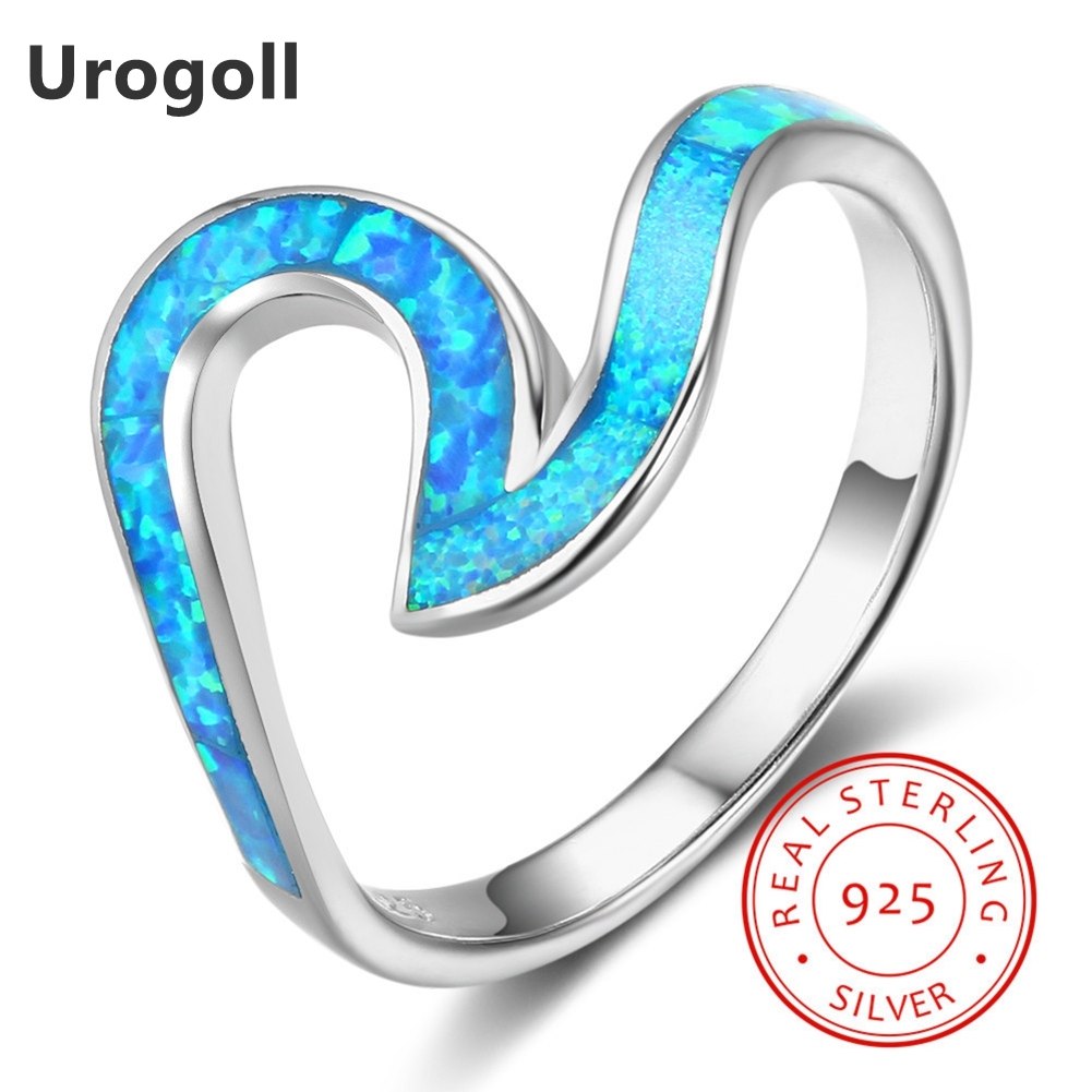 Hot Sale Trendy Fine Jewelry 925 Sterling Silver Blue Geometry Opal Rings For Women Engagement Wedding Jewelry Gifts