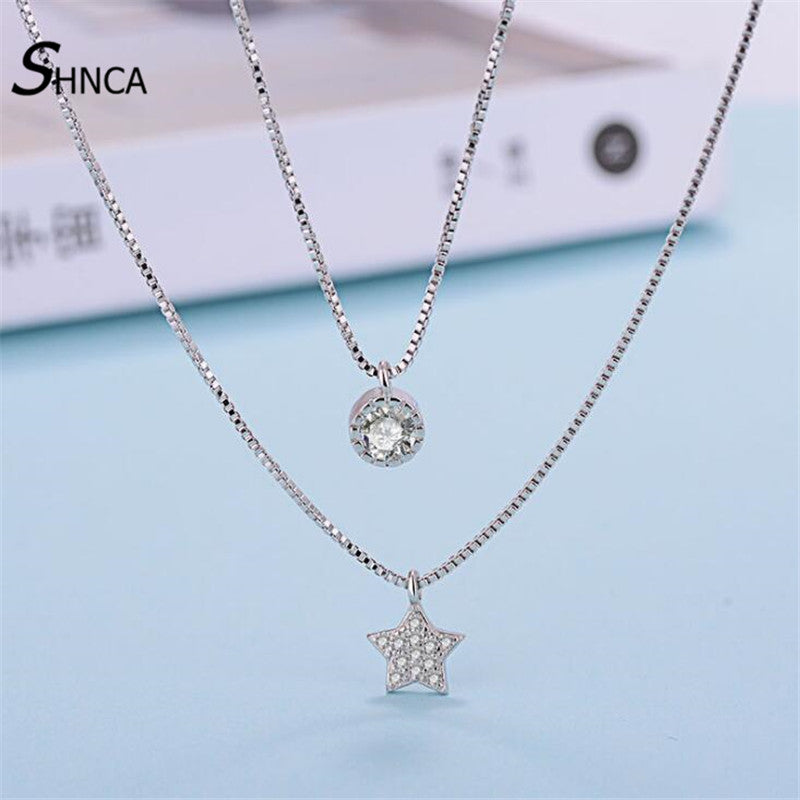 Hot Sale Vintage 925 Sterling Silver Fine Jewelry Rhinestones Pentagram Star Double Chain Choker Necklaces & Pendants N037