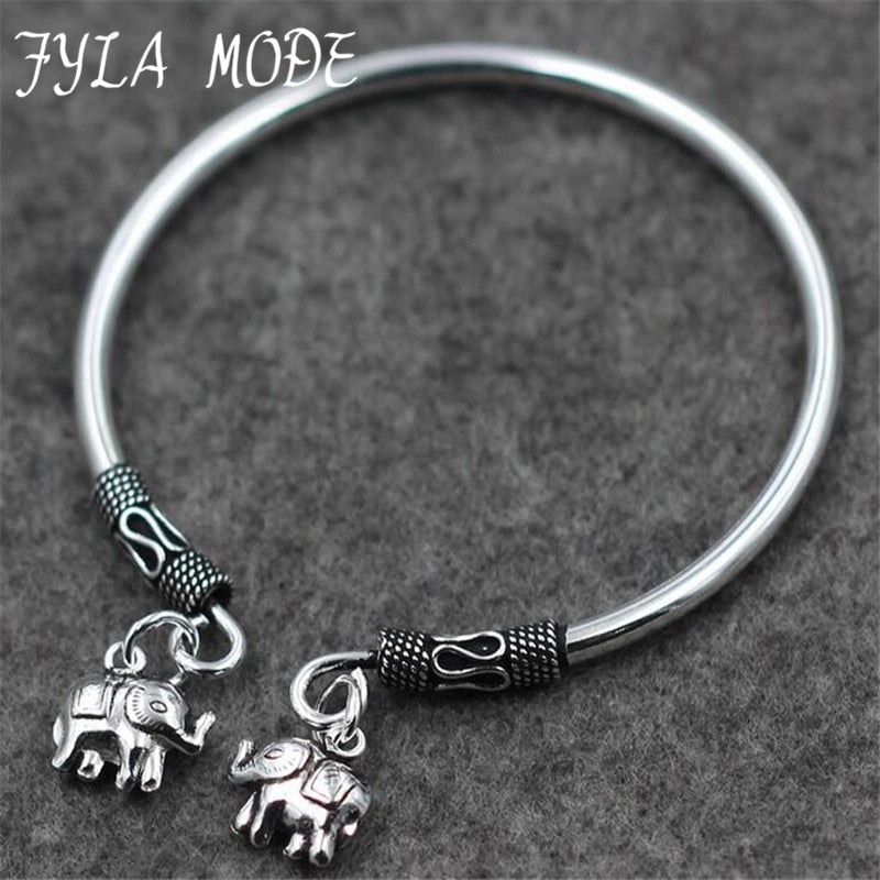 Hot Sale Vintage Double Elephant Charms Open Bangle Jewelry Antique 925 Thai Silver Bracelet Bohemian Boho Bracelet Women PKY313