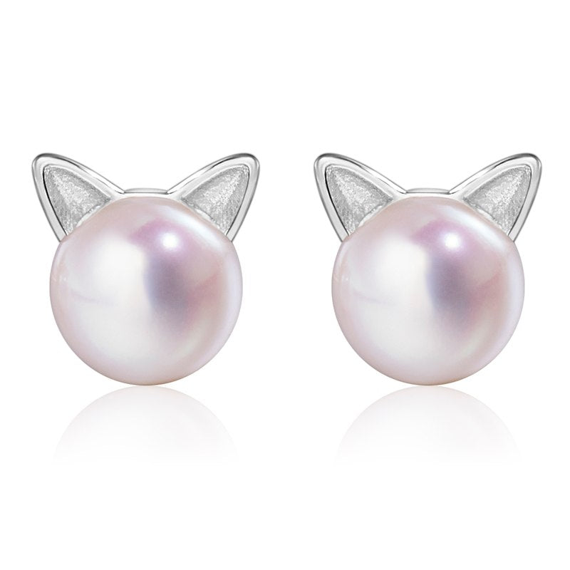 Hot Sell Cute 925 Sterling Silver Cat Earring Stud Ear Handpicked Cultured Pearl For Cat Lovers Woman Jewelry zk30