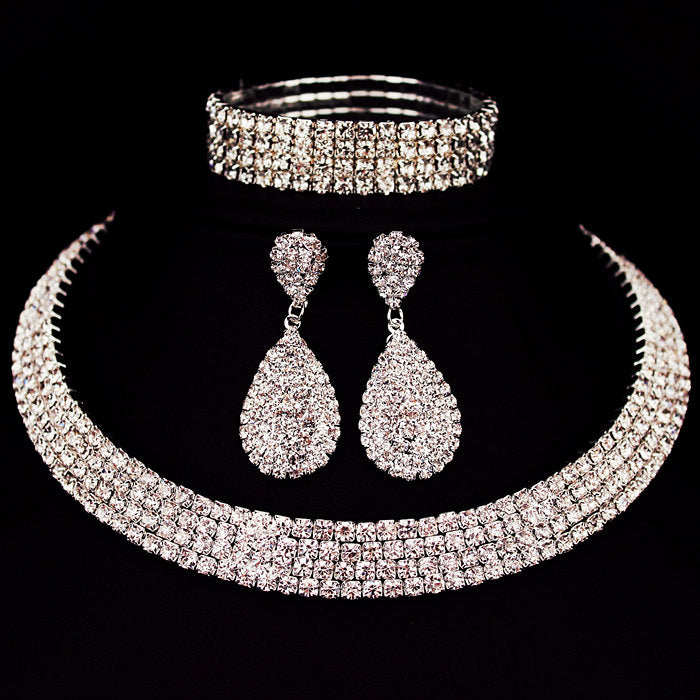 Hot Selling Bride Classic Rhinestone Crystal Choker Necklace Earrings and Bracelet Wedding Jewelry Sets Wedding Accessories X164