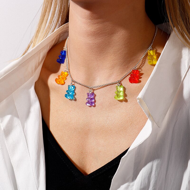 Selling Colorful Bears Necklaces for Women Bears Tassel Gold Silver Color Chain Choker Necklace Jewelry Gifts
