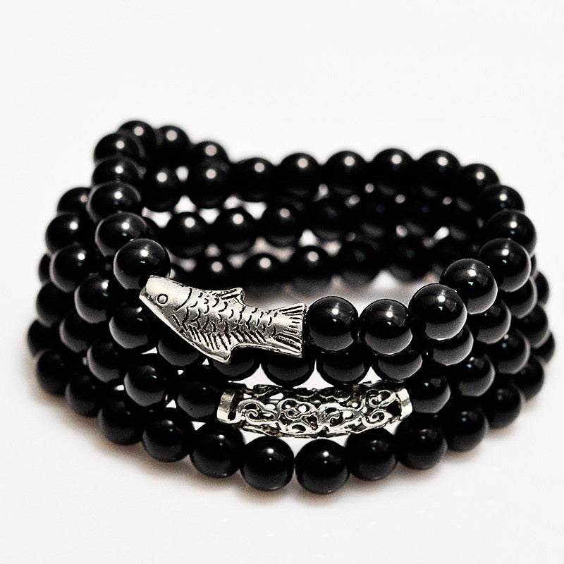 Hot Selling Natural Black Agate Stone Prayer Beads Multi-layer 108 Beads Meditation Worry Beads Bracelet