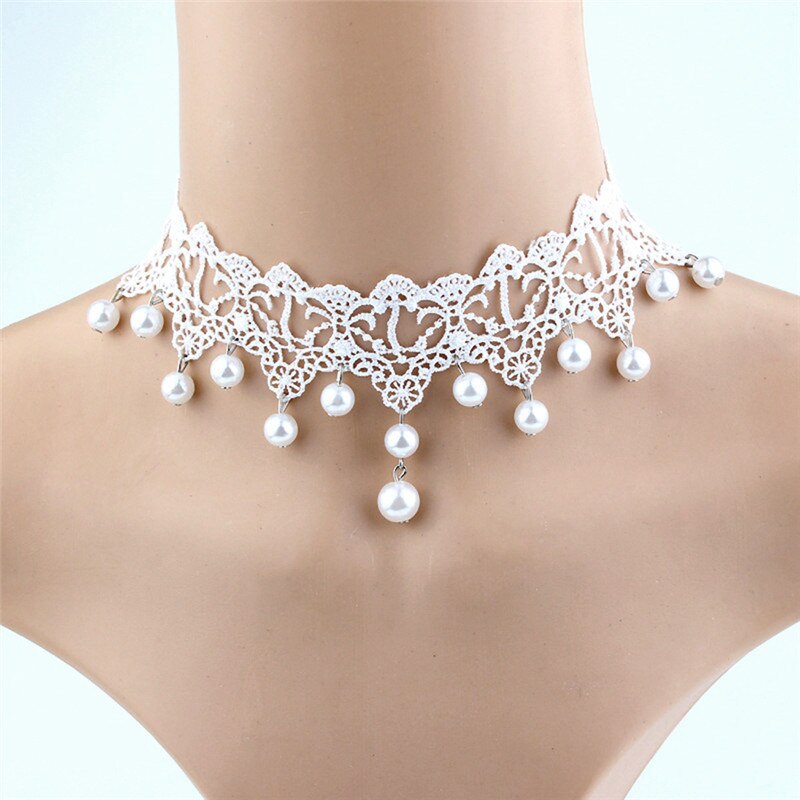 Sexy Gothic Chokers Pearl White Beads Lace Pearl Necklace Choker Necklace Vintage Women Bride  Jewelry Romantic