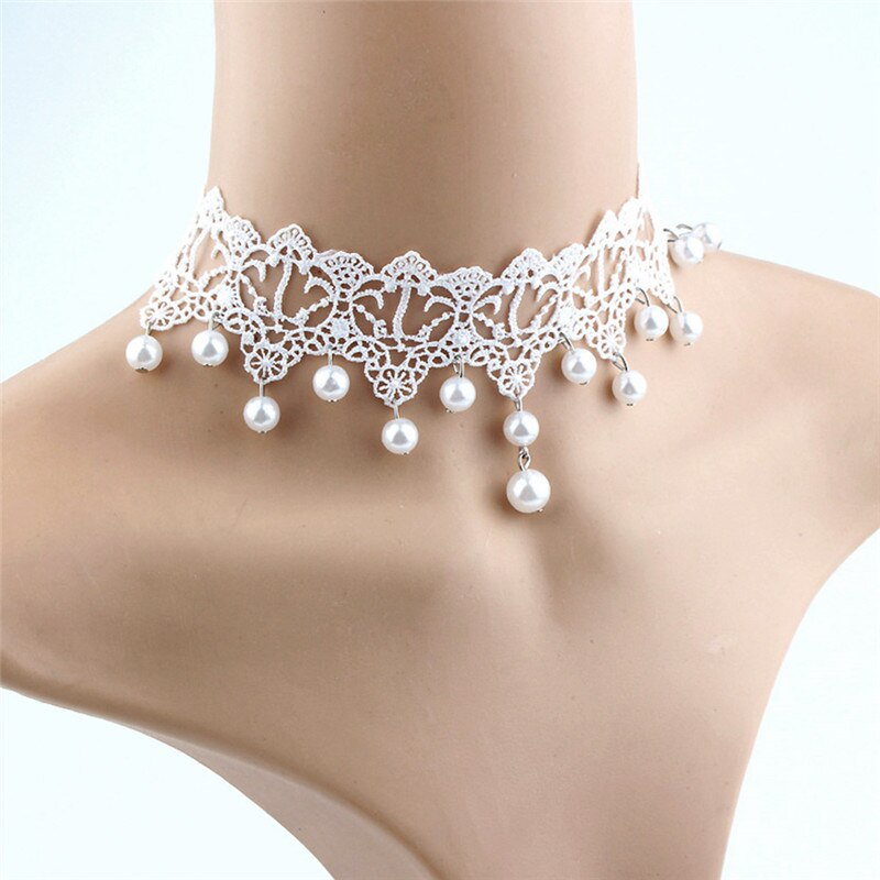 Sexy Gothic Chokers Pearl White Beads Lace Pearl Necklace Choker Necklace Vintage Women Bride  Jewelry Romantic