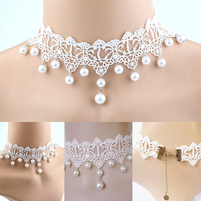 Sexy Gothic Chokers Pearl White Beads Lace Pearl Necklace Choker Necklace Vintage Women Bride  Jewelry Romantic