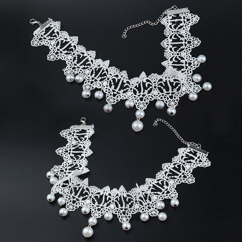Sexy Gothic Chokers Pearl White Beads Lace Pearl Necklace Choker Necklace Vintage Women Bride  Jewelry Romantic