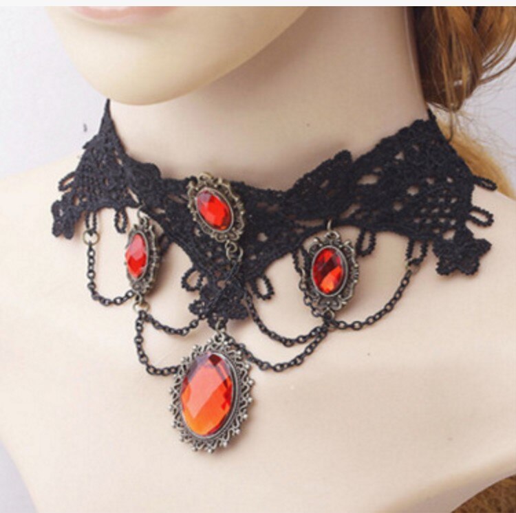 Sexy Gothic Chokers Red Rose Crystal Black Lace Necklace Choker Necklace Vintage Women Bride  party Jewelry girl