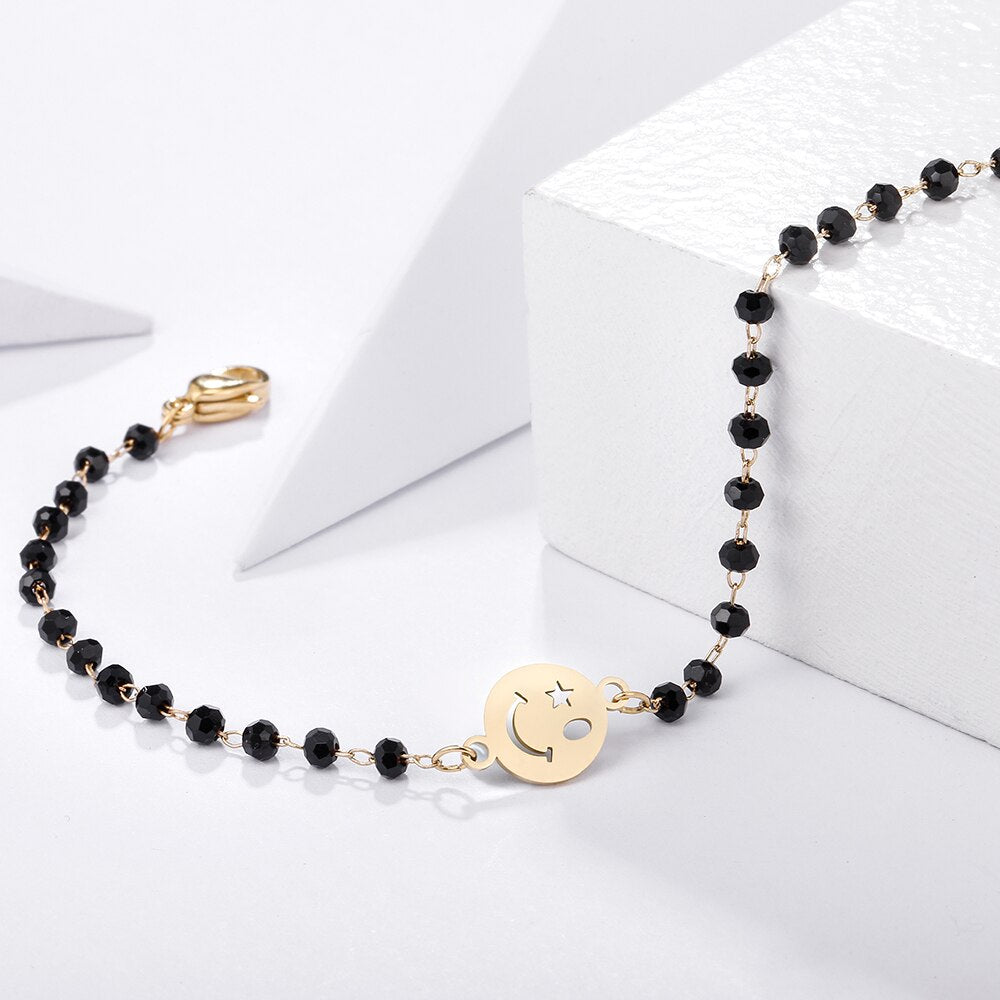 Silvery Smile Face Beaded Bracelet For Women Gold Plating Cute Love Charm Bracelet Handmade Elegant Korean Jewelry Gifts