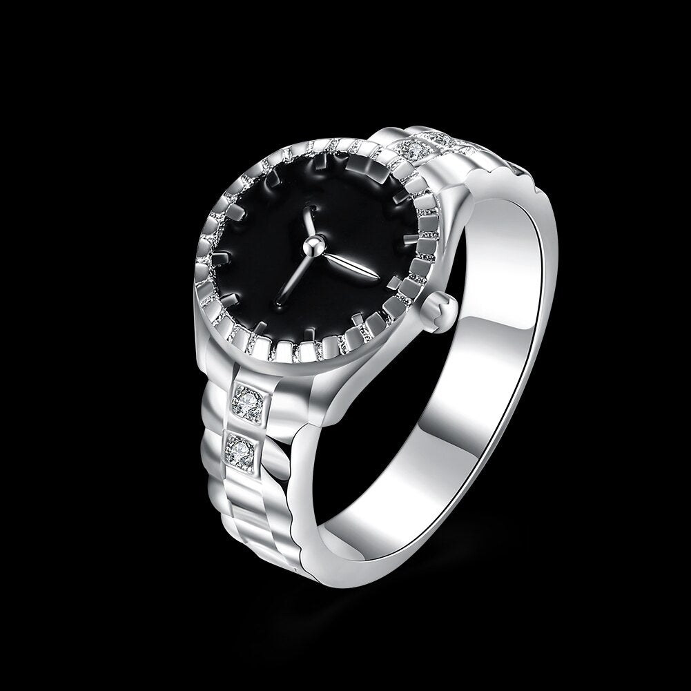 Street trend 925 Sterling Silver fine crystal Black watch Rings For Women men Charms Party wedding  Jewelry Gifts