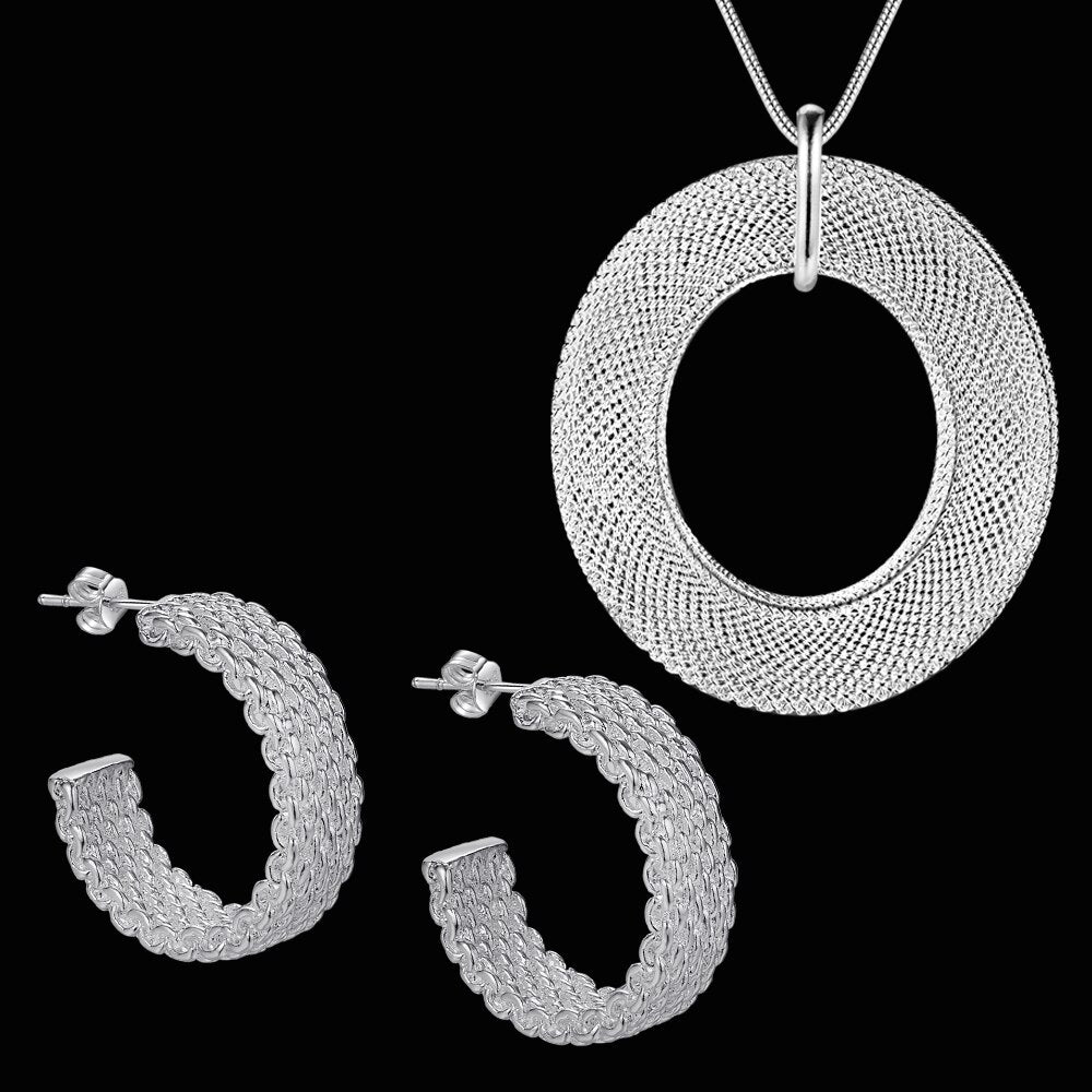 Street trend 925 sterling Silver Fine Mesh Circle Pendant necklace stud earrings for woman Party wedding Jewelry set