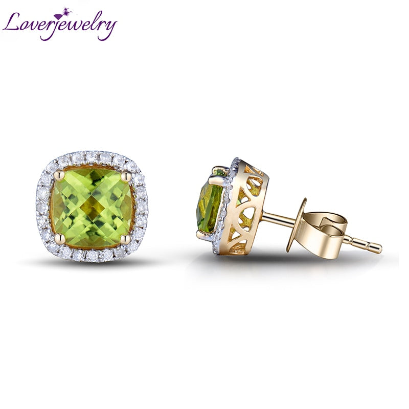 Hot Style New Cushion 6mm Natural Diamond Green Peridot Solid 14kt Yellow Gold Earrings for Women Wedding Party ESR0053