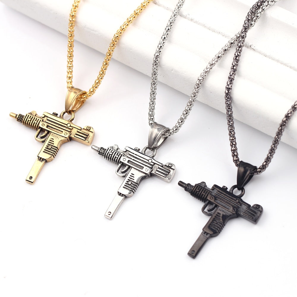 Submachine Gun Pistol Uzi Necklaces Men Hip Hop Accessories Dance Franco Chain Maxi Charm Long Pendant Necklace