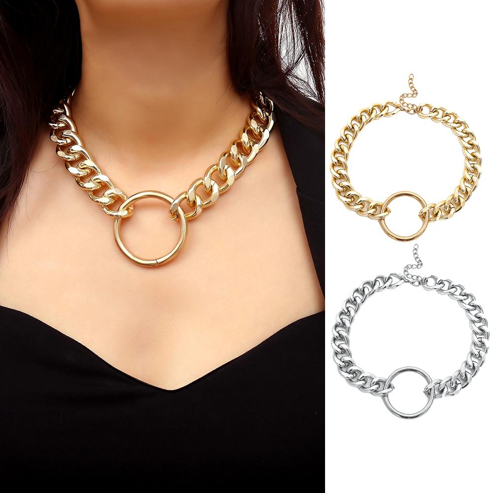 Women Metal Circle Pendant Thick Chain Choker Necklace Jewelry