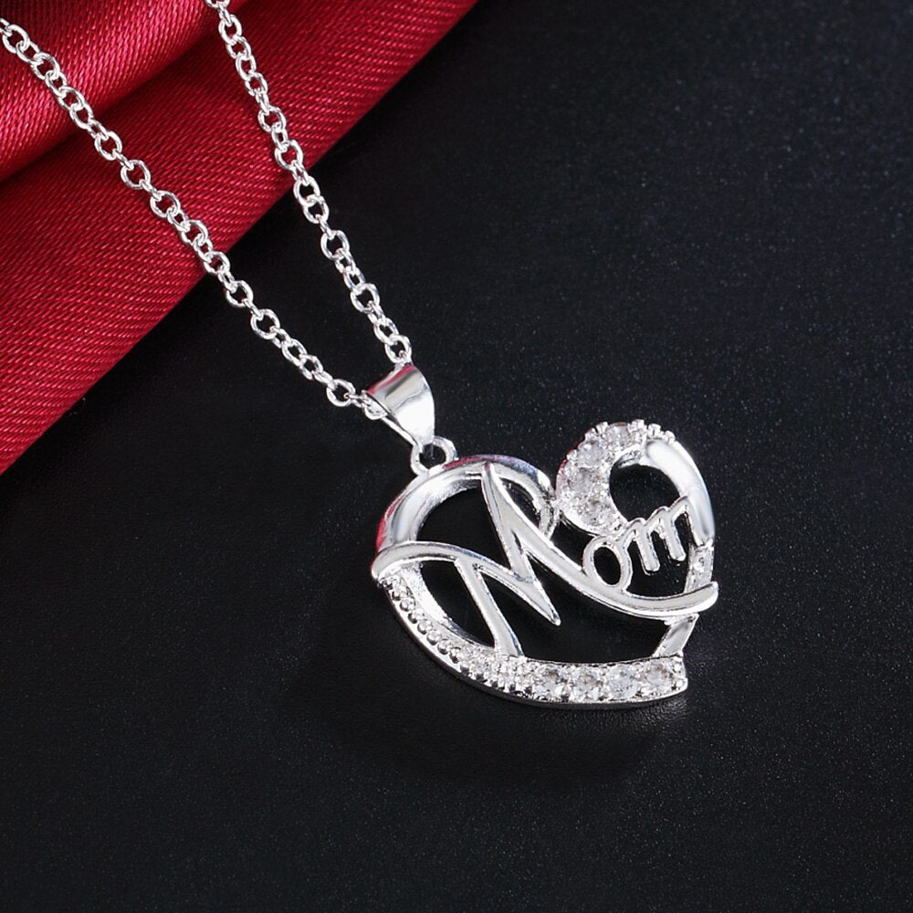 charms 925 Stamped Silver Elegant MOM crystal Heart Pendant Necklace for Women fine  designer jewelry gifts
