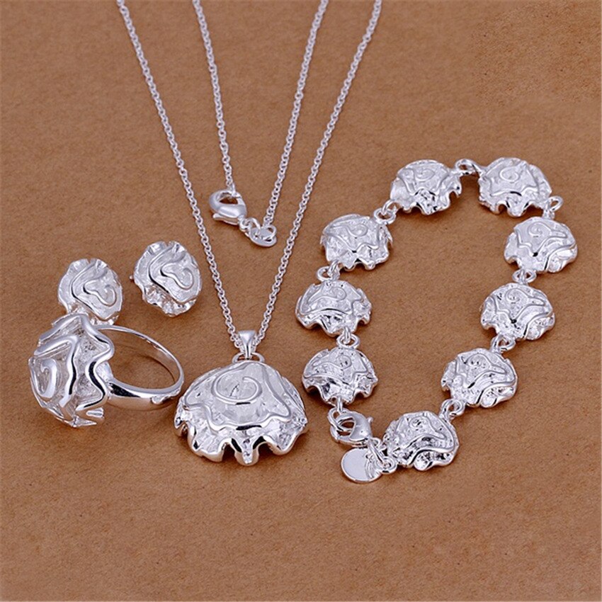 charms 925 sterling Silver Rose flower Pendant necklace rings Bracelet stud earring women custom Jewelry set gifts