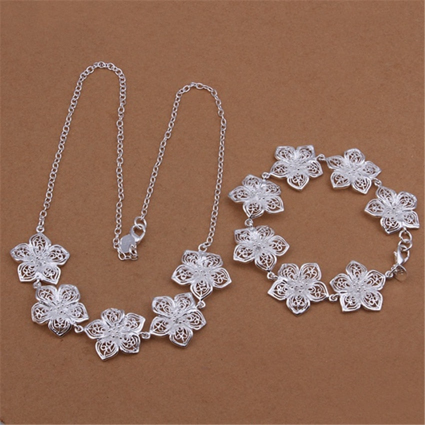 charms Pretty Flowers necklaces bracelets 925 Sterling Silver Jewelry sets for women Party wedding accessories gift