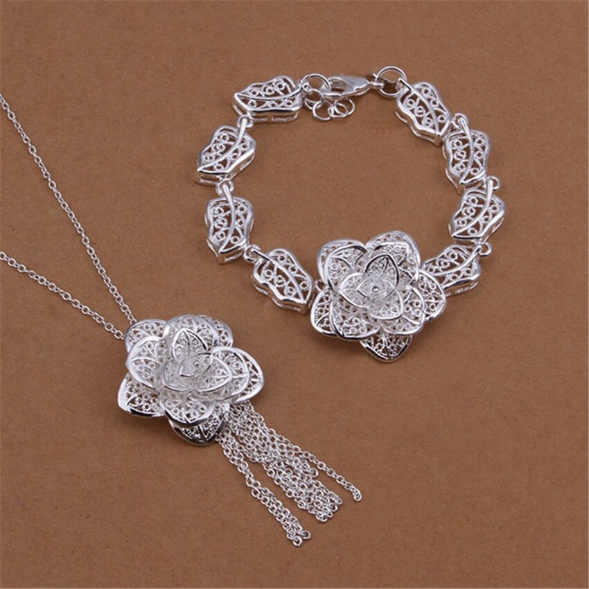 charms flower 925 Sterling Silver Pendant necklace bracelet Jewelry sets for women Party wedding accessories gifts