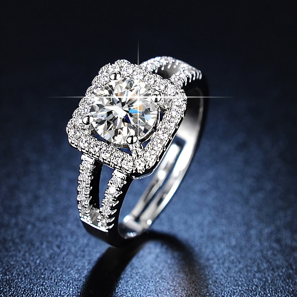 classic 925 Sterling silver  Crystal square Rings for women Adjustable size party wedding Jewelry holiday gift